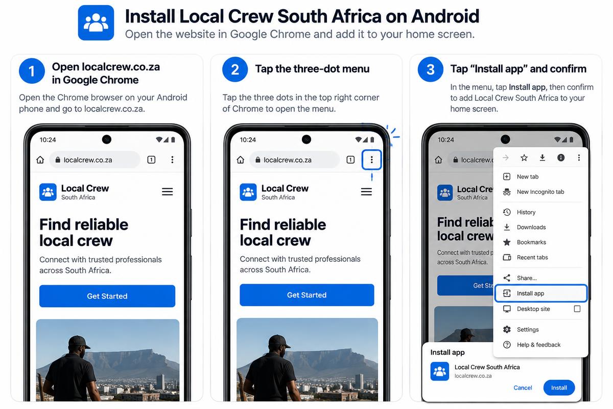 Three illustrated steps for installing Local Crew on Android with Google Chrome