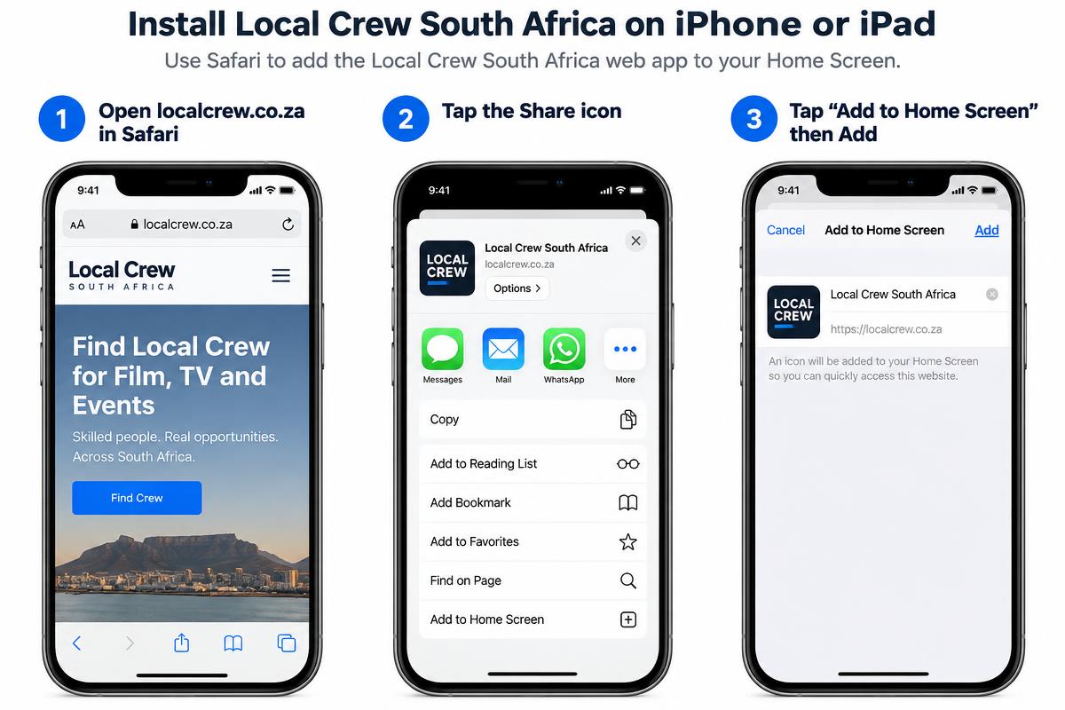 Three illustrated steps for adding Local Crew to an iPhone or iPad Home Screen