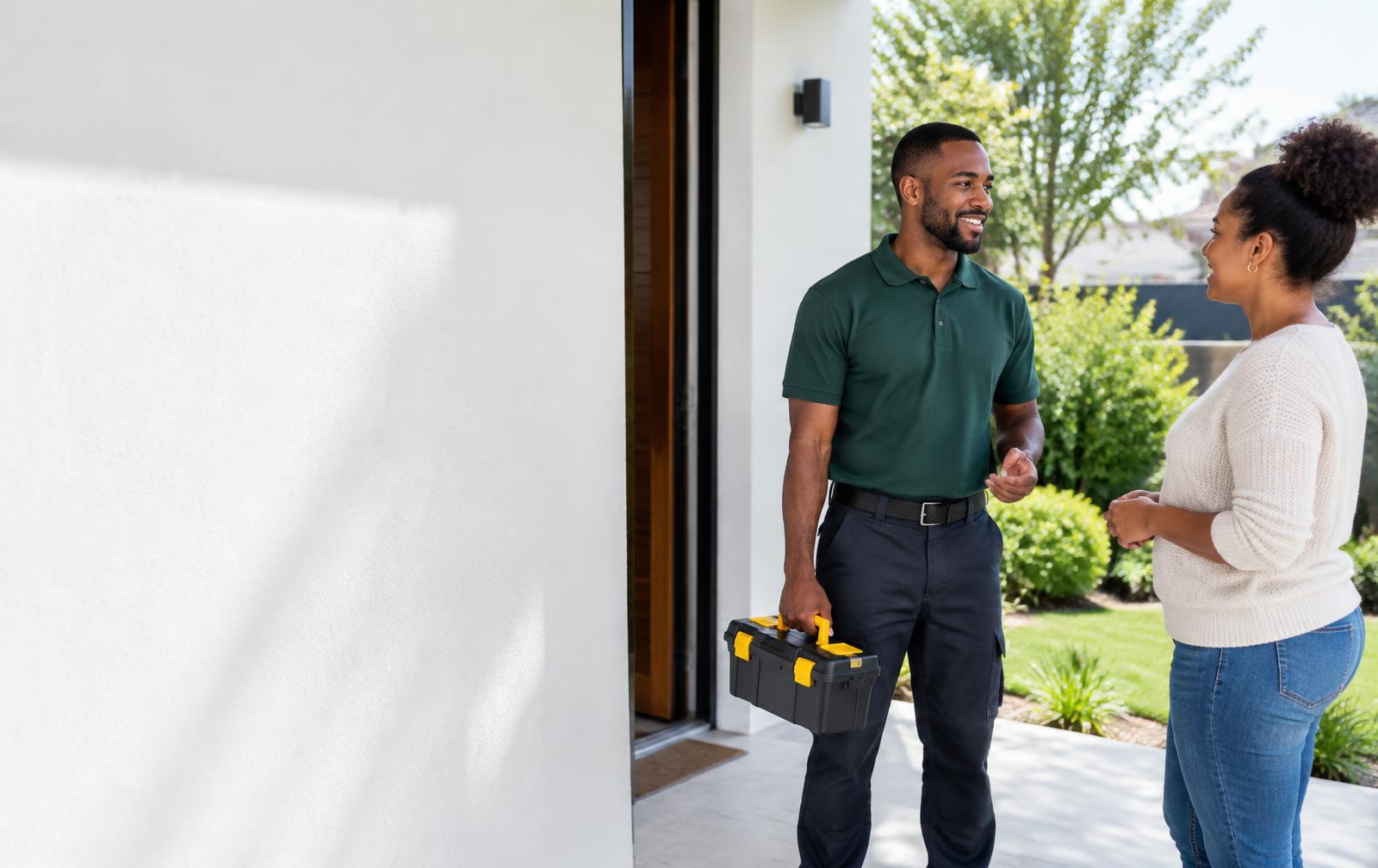 A local home service professional speaking with a homeowner