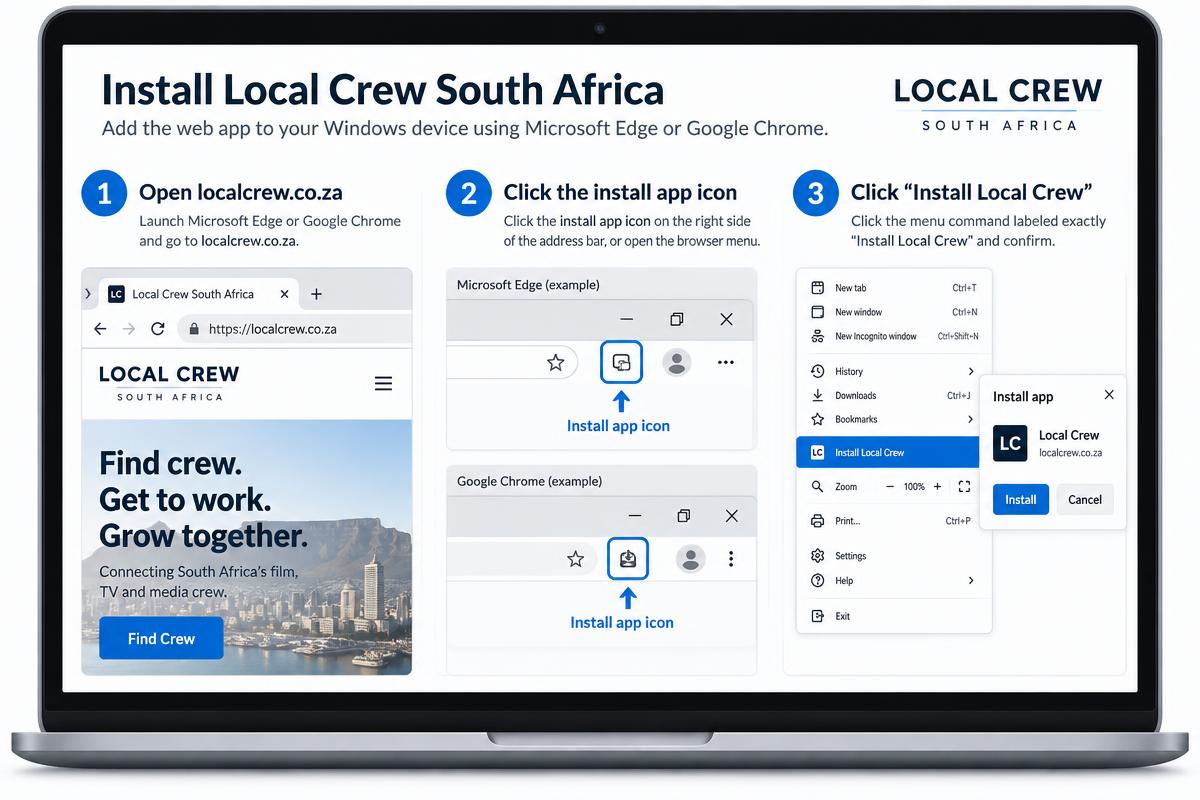 Three illustrated steps for installing Local Crew on Windows with Edge or Chrome